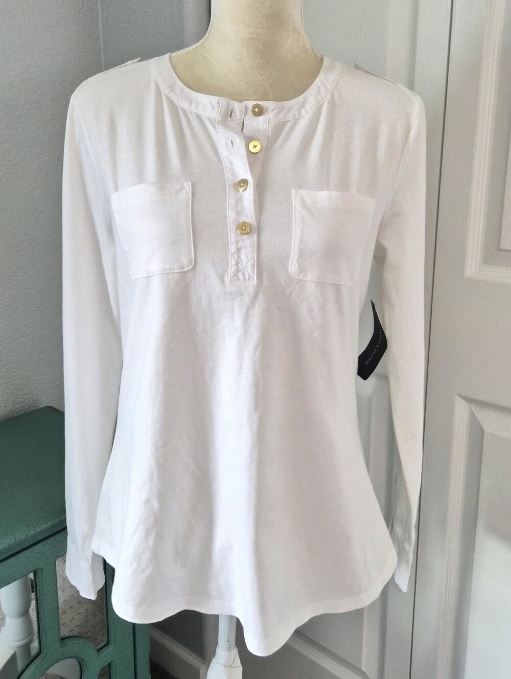 Tommy Hilfiger White Cotton Long Sleeve Henley Top Preppy Style Medium